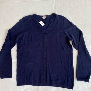 Talbots navy blue cotton V-neck sweater cable detail on front NWT size M